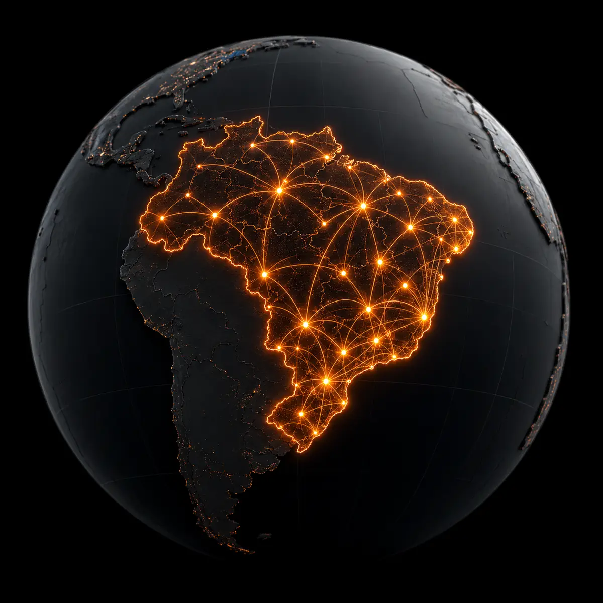 Mapa do Brasil iluminado por conexões logísticas